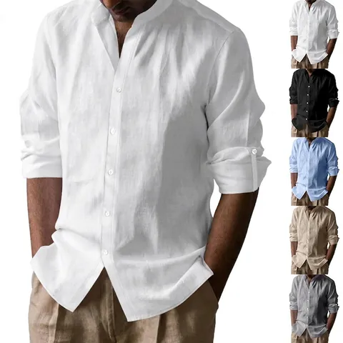 Heren Linnenmix Opstaande Kraag Lange Mouw Overhemd Casual Ruime Henley Kraag Effen Kleur Chinese Stijl Zomer Top