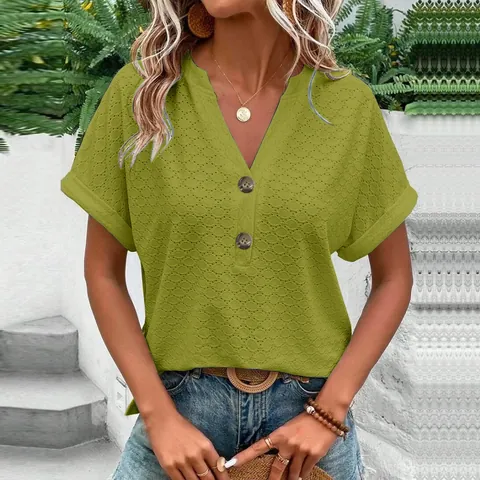 Camiseta Casual con Cuello en V y Botones para Mujer Manga Corta de Punto Textura con Ojales Ajuste Holgado Transpirable