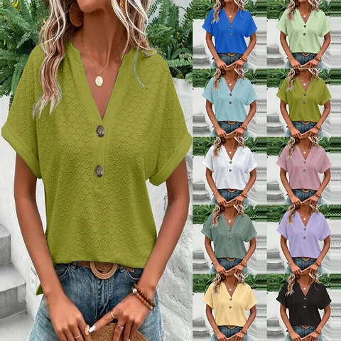Camiseta Casual con Cuello en V y Botones para Mujer Manga Corta de Punto Textura con Ojales Ajuste Holgado Transpirable