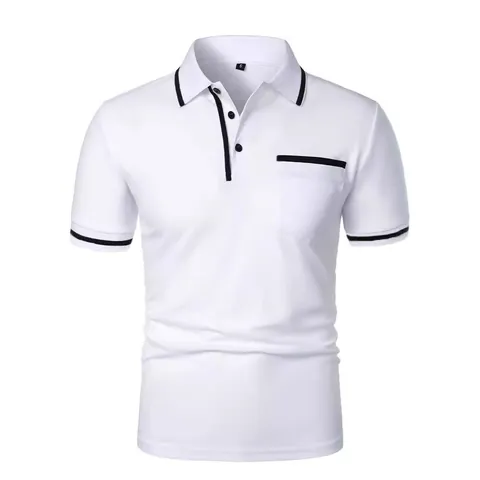 Men's Casual Slim Fit Short Sleeve Polo Shirt With Contrast Stripes Pocket Button Down Pique Embroidered Sport Top