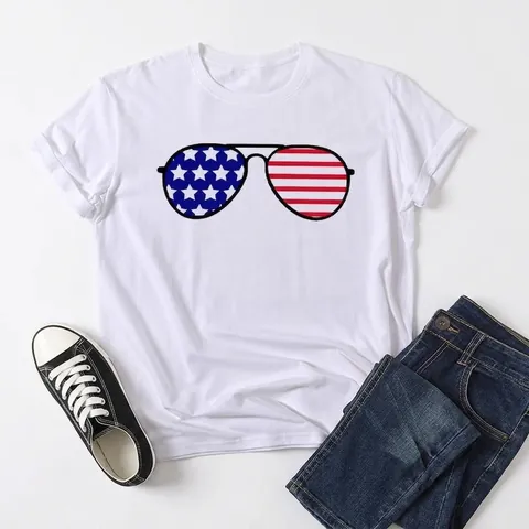 Women's Independence Day USA Flag Sunglasses Print Short Sleeve T-Shirt Loose Casual Round Neck Polyester Top For July 4th
