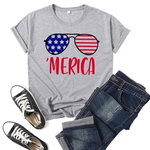 Women's Independence Day USA Flag Sunglasses Print Short Sleeve T-Shirt Loose Casual Round Neck Polyester Top For July 4th