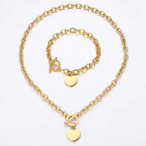 Set di Gioielli con Collana e Bracciale con Ciondolo a Cuore in Acciaio Inossidabile Minimalista Oro Oro Rosa Argento Chiusura a T