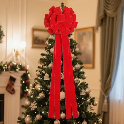 Große Weihnachtsbaumspitze Roter Beflockter Samtbogen Mit Goldrand Dekorativer Riesiger Bogen Für Weihnachtsfeier Hausdekoration