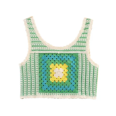 Canotta da Donna in Lino all'Uncinetto Vintage Francese Bohemian Granny Square Patchwork Top Senza Maniche Boho