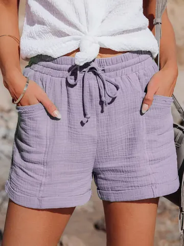 Short Femme Taille Haute à Cordon de Serrage Jambes Larges Été Décontracté Respirant Couleur Unie Ample de Plage Avec Poches Polyester