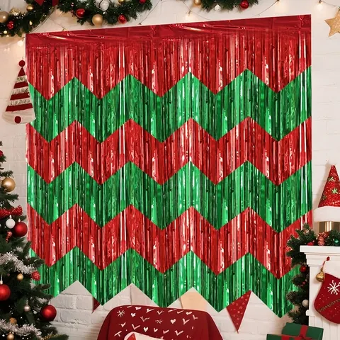 Metallischer PET Weihnachts Fransenvorhang Banner Zickzack Wellenmuster Tinsel Hintergrund Für Party Zuhause Wand DIY Deko Rot Grün