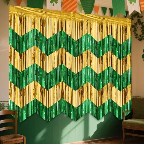 St Patrick Day Glitterslinger Gordijn Goud Groen Golfpatroon Folie Achtergrond Voor Iers Festival Feest Decoratie Muurbevestiging