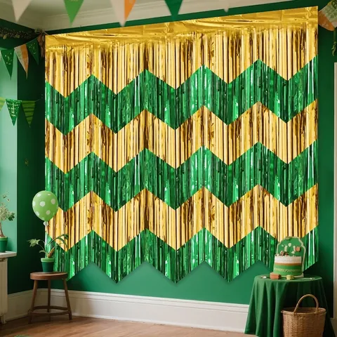 St Patrick Day Glitterslinger Gordijn Goud Groen Golfpatroon Folie Achtergrond Voor Iers Festival Feest Decoratie Muurbevestiging