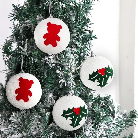 White Foam Christmas Ball Ornaments With Berry Leaf Bear Pattern For Christmas Tree Decor Festival Party Supplies