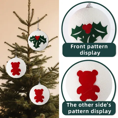 White Foam Christmas Ball Ornaments With Berry Leaf Bear Pattern For Christmas Tree Decor Festival Party Supplies