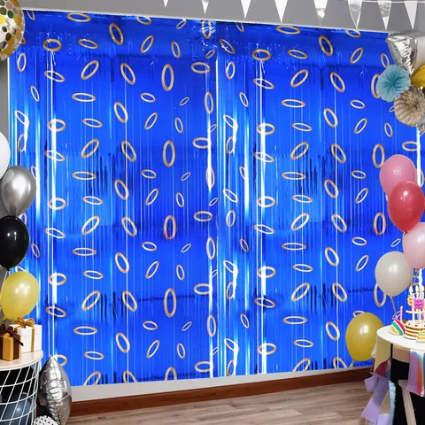 Tenda a Frange Blu Metallizzato Con Stampa Anelli Oro Sfondo Per Festa Di Compleanno Decorazione Parete Bambini