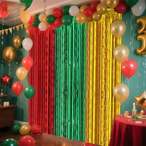 Metallic Folie Lametta Fransen Vorhang Weihnachtsfeier Dekoration Rot Grün Gold Gespleißter Hintergrund Neujahr Fotoautomat Requisite Festlicher Regenvorhang