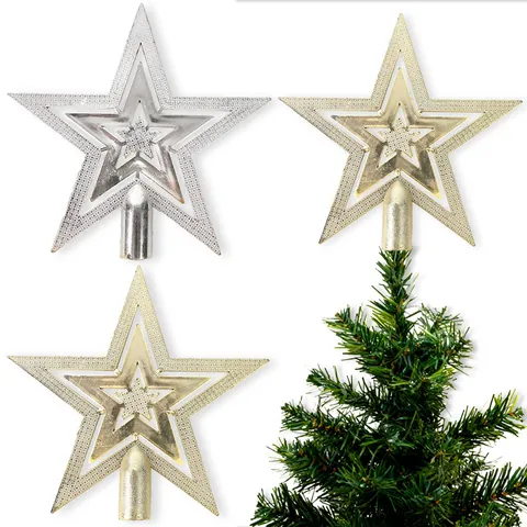 Weihnachtsbaumspitze Stern Hohl Galvanisiert Pentagramm Ornament Kunststoff Glitzer Baumspitze Dekorationen Feiertag Party Zubehör Gold Silber