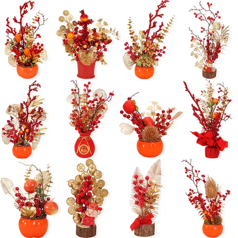 Chinesisches Neujahr Künstliche Blumenarrangement Kaki Glücksfrucht Ornamente Rot Gold Festlicher Segenseimer Tischdeko