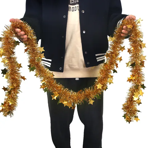 Guirnalda de Oropel de Navidad Engrosada de 2m Oro Con Estrellas Decoración Colgante de Papel Metálico para Fiesta Árbol Hogar