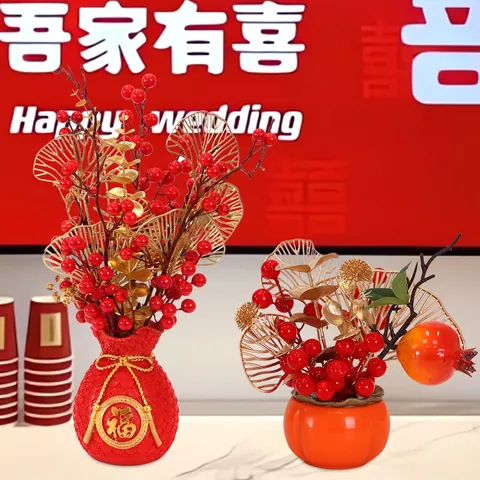 Chinesisches Neujahr Künstliche Blumenarrangement Kaki Glücksfrucht Ornamente Rot Gold Festlicher Segenseimer Tischdeko