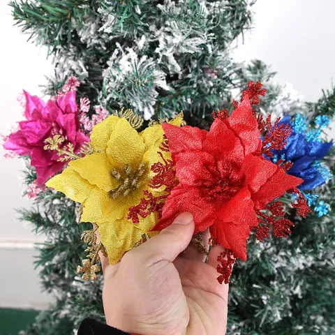 Fleurs de Poinsettia de Noël Artificielles à Paillettes Pendentif Floral en Plastique Pour Décoration d'Arbre de Noël Ornements de Fête