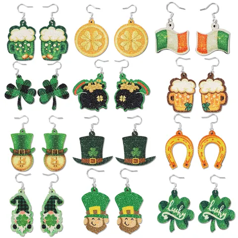Orecchini a Pendente Trifoglio Verde Gnomo Boccale di Birra St Patrick Day Glitter Pelle PU Decorazione Festa Irlandese