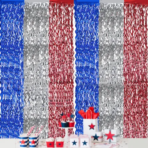Amerikanischer Unabhängigkeitstag Metallic-Folie Fransenvorhang Rot Silber Blau Wellenstil Lametta Hintergrund Für Party Dekoration