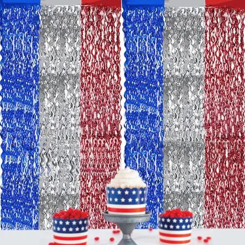 Amerikanischer Unabhängigkeitstag Metallic-Folie Fransenvorhang Rot Silber Blau Wellenstil Lametta Hintergrund Für Party Dekoration