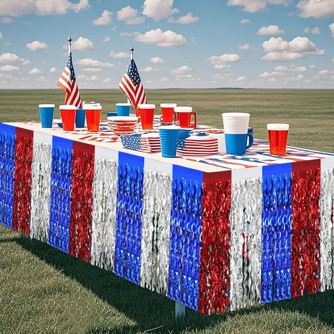 Patriotic Red White Blue Foil Fringe Table Skirt PET Metallic Tinsel Tablecloth For Independence Day Party Decoration