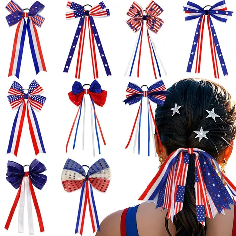 Unabhängigkeitstag Schleife Haargummi Polyester Sterne Streifen Band Haar Seil Amerikanische Flagge Patriotische Party Haarschmuck Für Damen Kinder