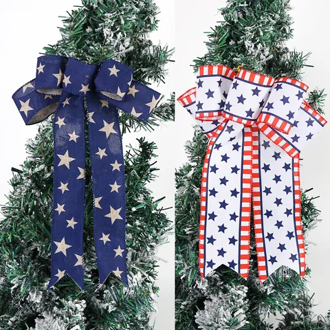 Decorazioni per il Giorno dell'Indipendenza USA Fiocchi Patriottici Rosso Bianco Blu Stelle Strisce Fatti a Mano Effetto Lino Poliestere Fiocchi per Ghirlanda Scatola Regalo Festa