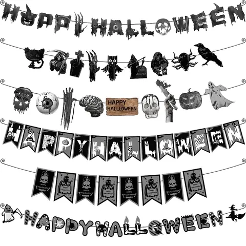 Papier Halloween Horror Banner Blutiges Skelett Kürbis Geist Fledermaus Spinne Girlande Für Party Innen Außen Dekoration