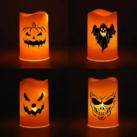 Halloween LED Electronic Candle Light Pumpkin Ghost Skeleton Patterns Orange Plastic Flameless Candle For Party Room Decoration