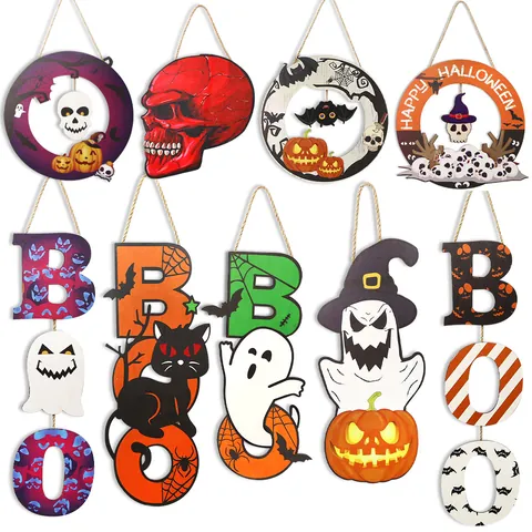Halloween Ξύλινη Κρεμαστή Επιγραφή Φάντασμα Κρανίο Κολοκύθα BOO Διακόσμηση Πόρτας Ξύλο Κομμένο με Λέιζερ Στολίδια Γιορτής