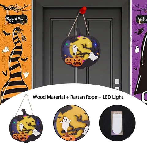Letrero Colgante de Madera LED Halloween Fantasma Calabaza Castillo Murciélago Telaraña Adorno de Puerta Fiesta Decoración