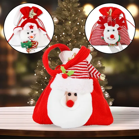 Sac Cadeau de Noël à Bonbons en Tissu Tricoté avec Cordon Père Noël Bonhomme de Neige Renne Décoration d'Arbre de Noël