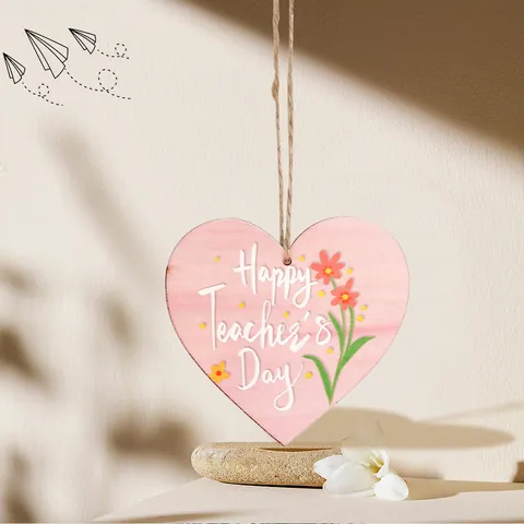 Ciondolo in Legno a Forma di Cuore Happy Teacher's Day Regalo Legno Naturale Motivo Floreale Decorazione per Insegnante