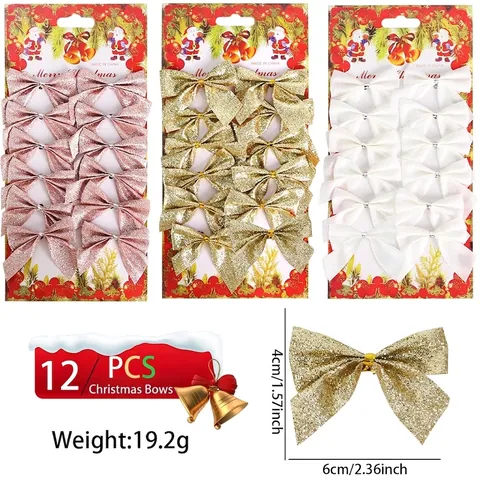 Festive Polyester Glitter Bowknots Set For Christmas Tree Decorations Wreath Accessories Hanging Ornaments Home Decor