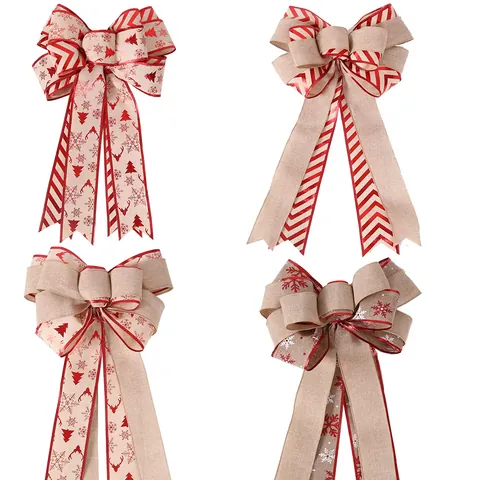 Grand Nœud en Toile de Jute de Noël pour Décoration de Sommet d'Arbre Motif Feuille d'Érable Rouge Or Flocon de Neige Renne pour Fête de Vacances