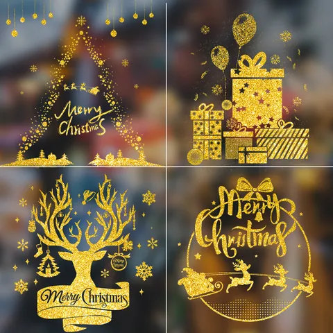 Gouden Glitter Kerst Vensterstickers Verwijderbare PVC Glasstickers Merry Christmas Rendier Sneeuwvlok Voor Winkel Huis Decoratie