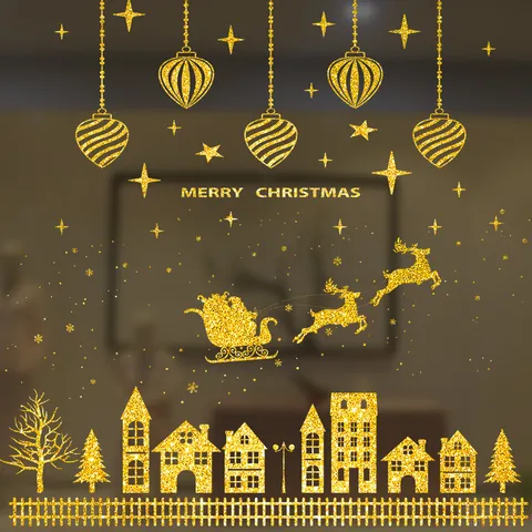 Gouden Glitter Kerst Vensterstickers Verwijderbare PVC Glasstickers Merry Christmas Rendier Sneeuwvlok Voor Winkel Huis Decoratie