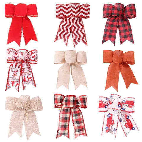 Ornements de Nœuds pour Arbre de Noël en Toile de Jute Rustique Plaid Buffalo Carreaux Pour Fête Maison Décoration DIY Petit Nœud de Noël