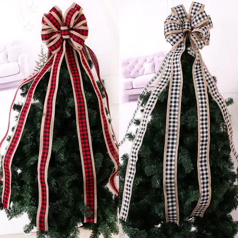 Grand Nœud de Sommet de Sapin de Noël Rouge Noir Blanc Carreaux Buffalo Ruban de Jute Avec Longues Banderoles pour Fête