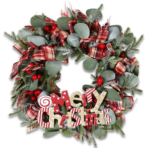Kerstkrans Kunstmatige Eucalyptus Bladeren Guirlande Met Strik Rode Bessen Ronde Muur Deur Opknoping Vakantie Thuis Decoratie