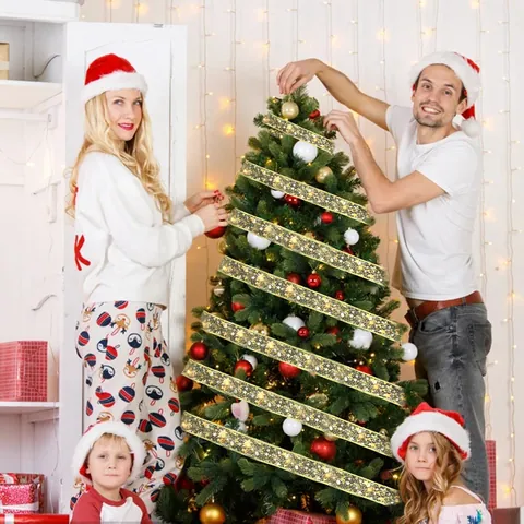 Luci a Stringa LED a Nastro Natalizio Nastro in Tulle a Doppio Strato Stampato in Oro Decorazioni Natalizie a Batteria per Albero di Natale Casa