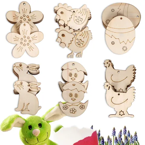 Set di Ornamenti Pasquali Fai-da-te in Legno Coniglio Pulcino Uovo Fiore Tagliato al Laser Decorazione da Appendere per Bambini Pittura a Mano