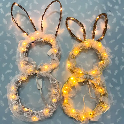 Ostern Hase Kranz LED Beleuchtet Faltbar Kaninchen Girlande Netz Schleife Dekoration Feiertag Party Wandbehang Schmuck