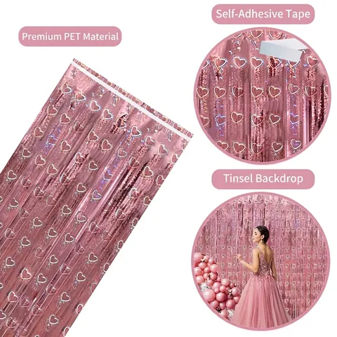 Herz-Muster Folien-Fransen-Vorhang Lametta Hintergrund Metallic Laser Streamer Für Hochzeit Heiratsantrag Valentinstag Party Dekoration