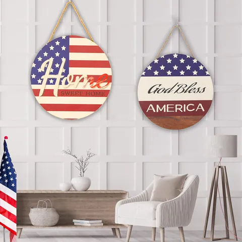 Plaque Suspendue en Bois Jour de l'Indépendance Patriotique God Bless America Décoration de Maison Home Sweet Home