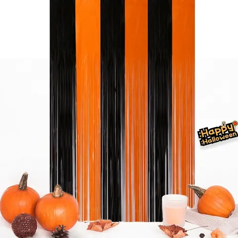 Δίχρωμη Μεταλλική Κουρτίνα Halloween Φόντο για Διακόσμηση Πάρτι Προπς Διαμόρφωσης Στοιχειωμένου Σπιτιού Κουρτίνα με Κρόσσια