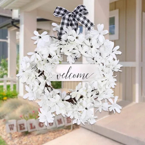 Weißer Künstlicher Blumenkranz Mit Willkommensschild Schwarz Weiß Gingham Schleife Frühling Tür Hängende Dekoration Haus Wand