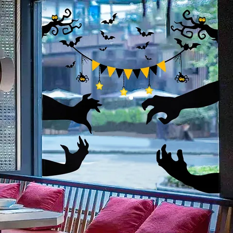 Décoration d'Halloween Ensemble de Main Fantôme en Tissu Non Tissé pour Vitrine Verre DIY Kit d'Autocollants en Feutre Décor