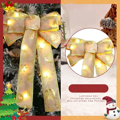 Lichtgevende Kerststrik Decoratie LED Warm Licht Gouden Rand Bedrukt Rendier Sneeuwvlok Ornament Boomtop Kerst Woondecoratie